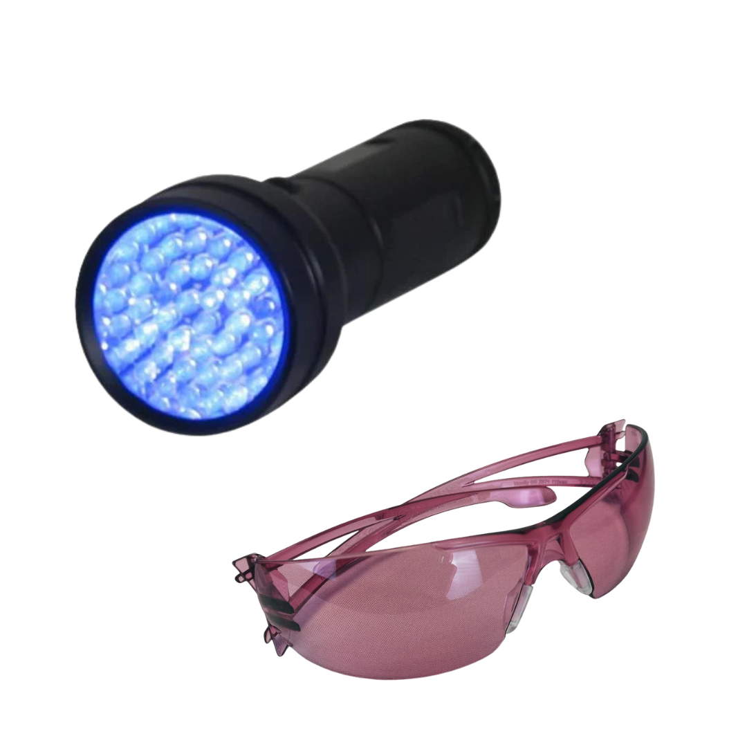 51-LED Portable UV Inspection Flashlight 7202UV395 and Safety Glasses