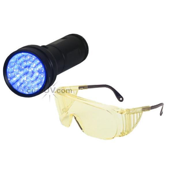 51-LED Portable UV Inspection Flashlight 7202UV395 and Safety Glasses