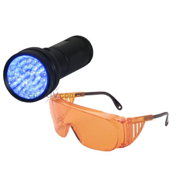 51-LED Portable UV Inspection Flashlight 7202UV395 and Safety Glasses