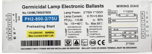 PH2-800-2/75U Germicidal UV Lamp Electronic Ballast – 110V-240V, For 1 Or 2 Lamps
